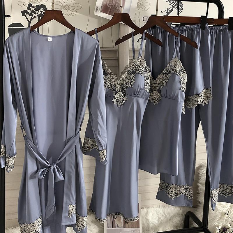 Sexy weiblicher Kimono-Bademantel-Kleid-Satin-Nachthemd-Ausgangskleidung-seidige Spitze-Patchwork-intime Wäsche-Nachthemd-Nachtwäsche
