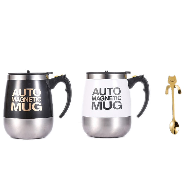 Taza de café esterring automática, taza magnética de acero inoxidable, tazas para mezclar leche, coctelera eléctrica perezosa inteligente, taza de café, regalo de 2 uds, 1 cuchara