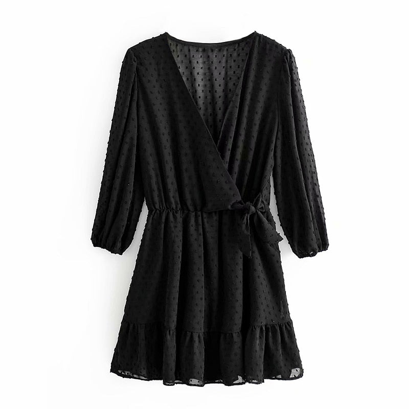 Aachoae 2021 Summer Women Ruffles Lace Chiffon Dress Boho Mini Beach Dress Three Quarter Sleeve Ladies Party Dresses Vestido