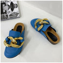 SUOJIALUN New Brand Design Goldkette Damen Slipper Closed Toe Slip On Mules Schuhe Round Toe Low Heels Casual Slides Flip Flop