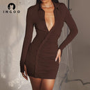 INGOO Plissee Slim Umlegekragen Hemdkleid Damen Casual Langarm Button Up Minikleider Bodycon Solid Elegant Streetwear