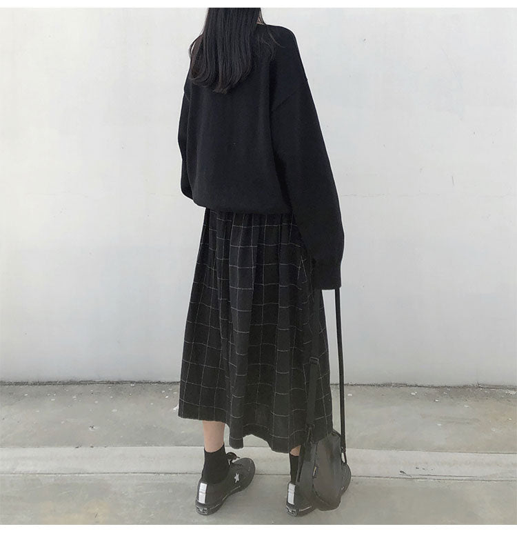 2 Farben japanischer Stil hohe elastische Taille Lange Röcke Frau 2019 Herbst Winter Plaid A-Linie Faltenröcke Damen (X1078)