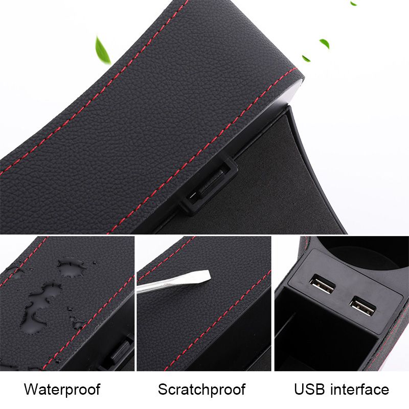 Auto Car Seat Gap Organizer PU Leather Storage Box Cup Holder Car Seat Side Slit Pocket Storage Bag With Dual USB Charger Ports