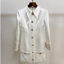 HIGH STREET 2022 Neues stilvolles Designer-Kleid Damen Langarm-Satin-Tweed-Patchwork-Löwe-Knopf-Kleid