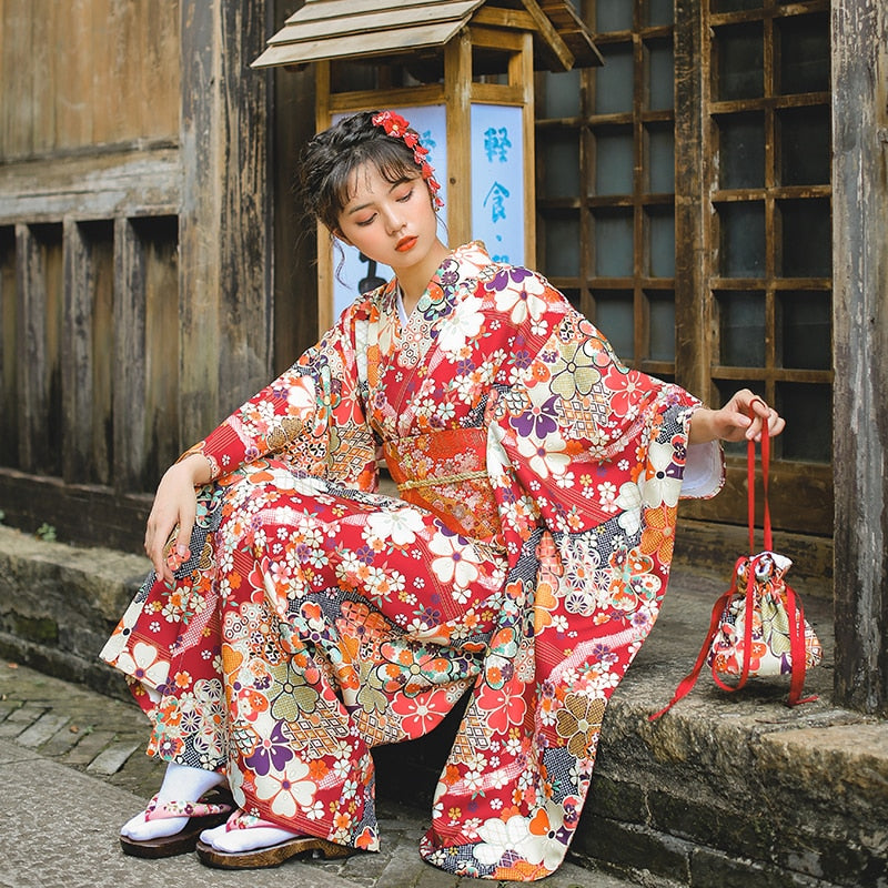 Traditional Japanese kimono Dark Red Yukata Feeling Clothes With Obi Halloween Cosplay Girls Dress