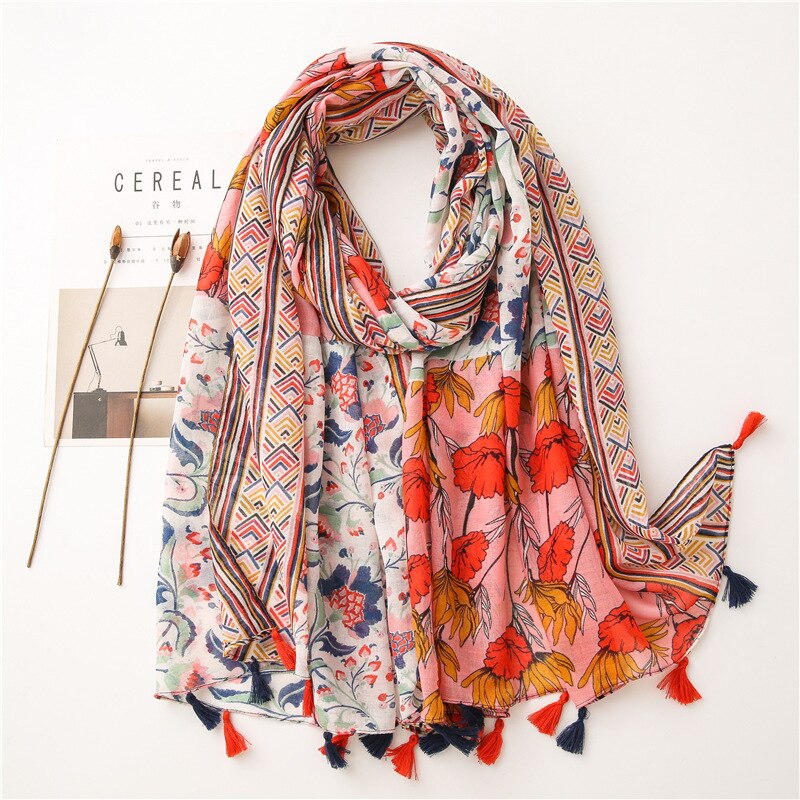 2020 fashion spring summer geometry printing cotton scarf with tassel fashion wraps shawls sunscreen beach hijabs wholesale