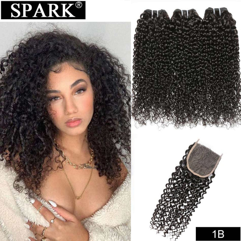 Ombre SPARK Brasilianische Echthaarwebart Bündel mit Verschluss Afro Kinky Curly Hair mit Verschluss Remy Echthaarverlängerungen Schwarz