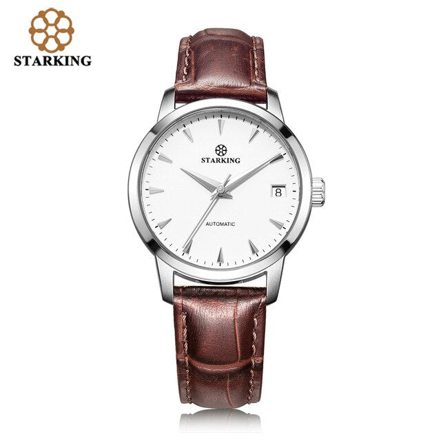 StarKing Classic Damen Einfache Uhr Automatik Edelstahl Weißes Zifferblatt Armbanduhr Auto Datum Damen Mechanische Relogio Feminino