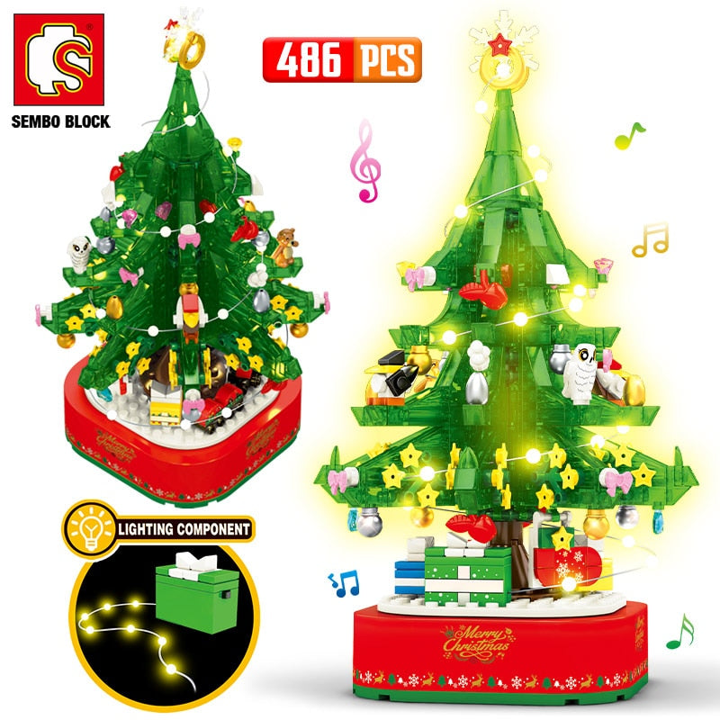 Christmas Theme Rotating LED Shining Music Box Building Blocks DIY City Friends Tree House Bricks Toys For Children Xmas Gifts