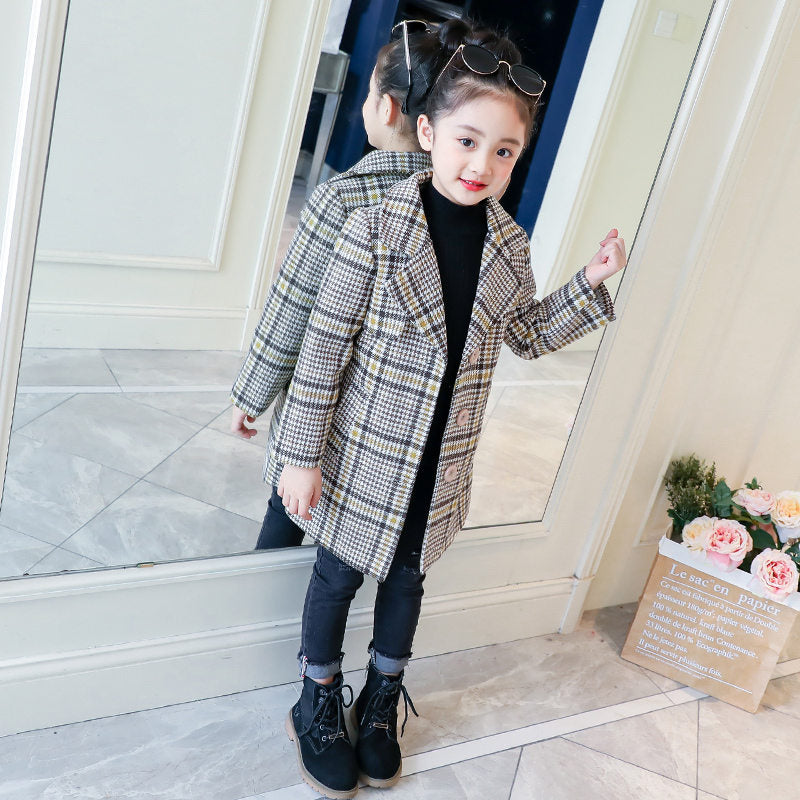 Kinder Mädchen Mantel Winter Neue Mode Hahnentritt Wollmantel für Mädchen Teenager Herbst Jacke Lange Dicke Oberbekleidung Kinder Winddicht