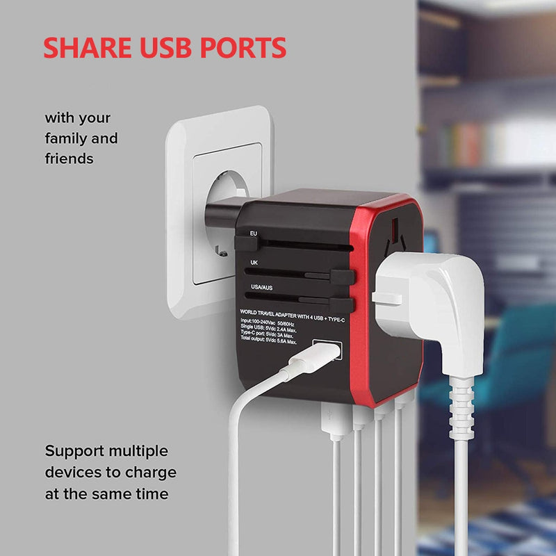 Rdxone Reiseadapter Internationales Universal-Netzteil All-in-One mit 5 USB-Wandladegeräten weltweit für UK/EU/US/Asien