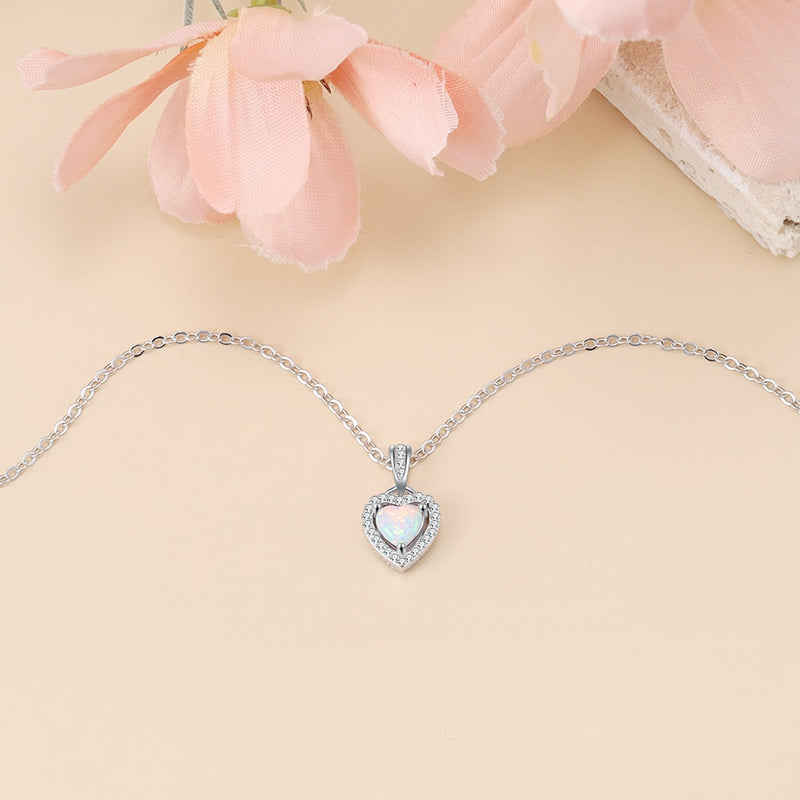 Silver Color Necklaces Heart Shape White Pink Blue Opal Necklaces &amp; Pendants with Cubic Zirconia Fashion Jewelry Gift  for Women