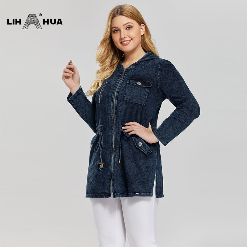 LIH HUA, chaqueta vaquera de talla grande para mujer, estilo largo informal para mujer, Chaquetas vaqueras de punto de algodón elástico Premium