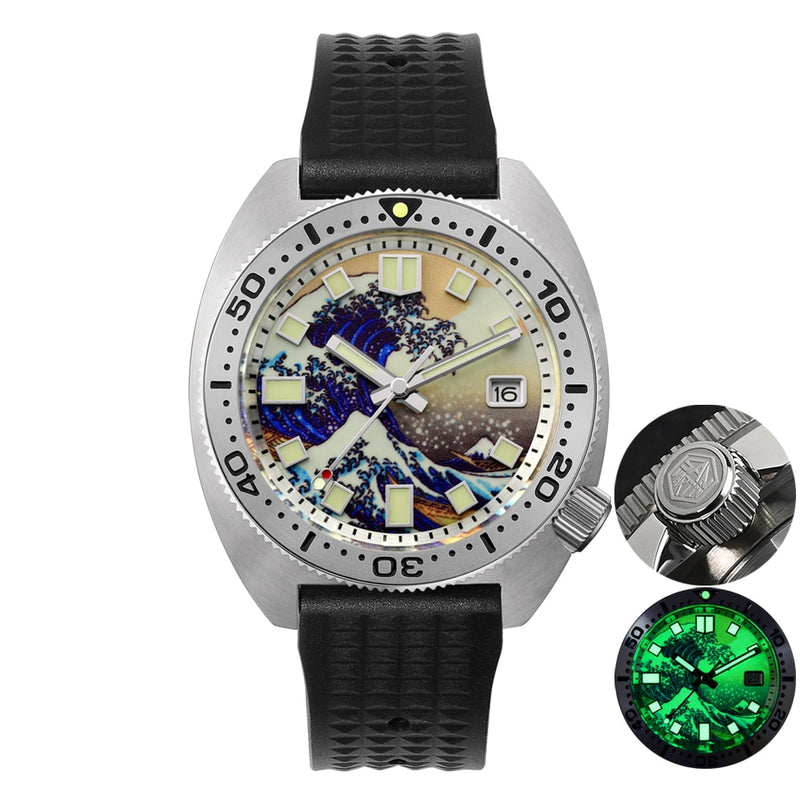 San Martin Diver 6105 Wave 3D Impresión Completa Luminoso Kanagawa Surfing Dial NH35 Mecánico Automático Hombres Reloj Zafiro Fecha