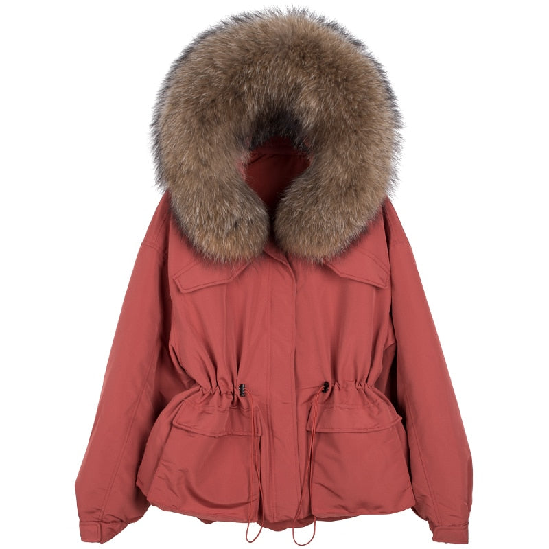 Janveny Huge Raccoon Fur Collar Hooded 2021 Short Female Winter Feather Down Coat Women 90% Duck Down Jacket Winter Puffer Parka