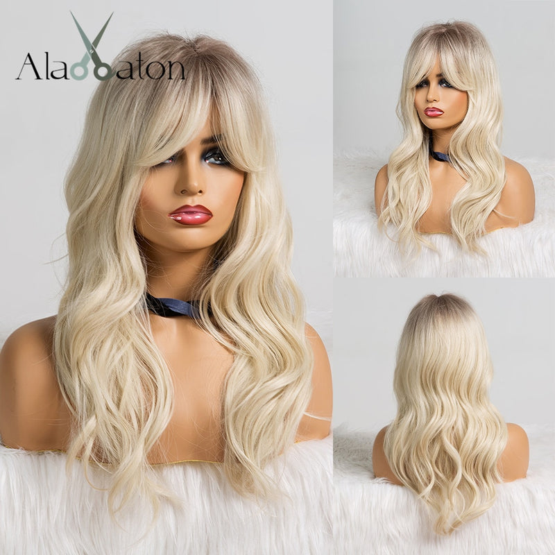 ALAN EATON Long Ombre Black Brown Blonde Wigs with Bangs Heat Resistant Synthetic Wave Wigs for Women African American Cosplay