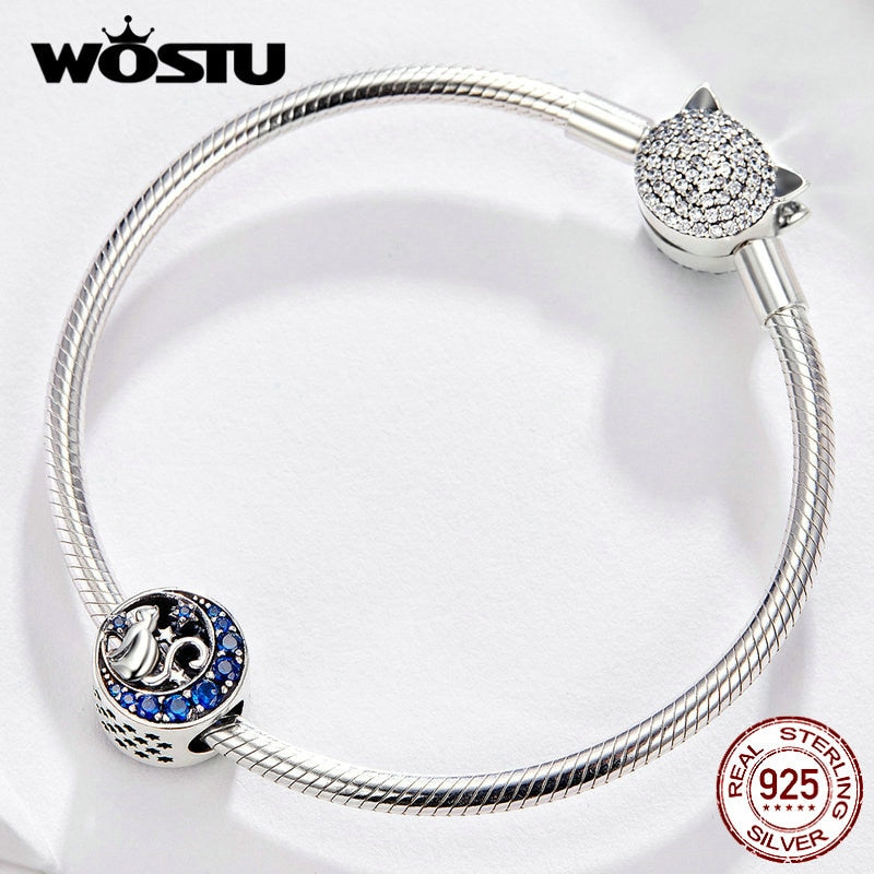 WOSTU Cute Cat Charms 925 Sterling Silver Animal Pussy Zirconia Beads Fit Original Bracelet Pendant DIY Necklace Jewelry