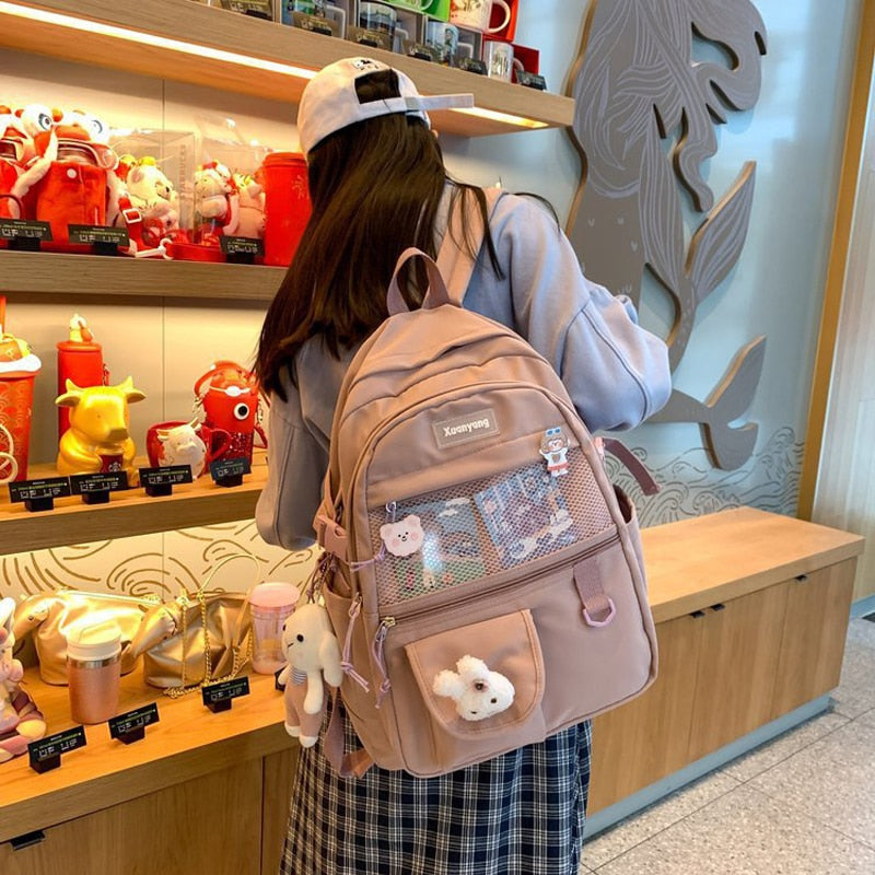 Mochila de moda japonesa para Mujer, mochilas escolares para chicas adolescentes, mochilas de malla de nailon con múltiples bolsillos, Mochila femenina, Bolsa para Mujer