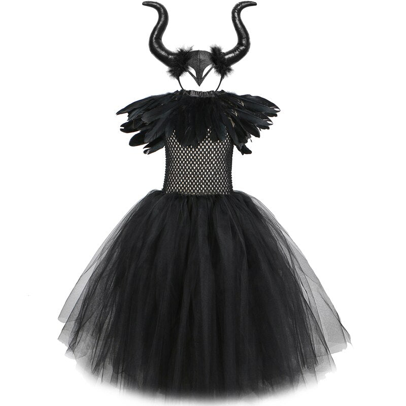 Black Feather Halloween Costumes for Girls Kids Evil Queen Long Tutu Dress with Horns Wings Villian Witch Cosplay Outfit Set