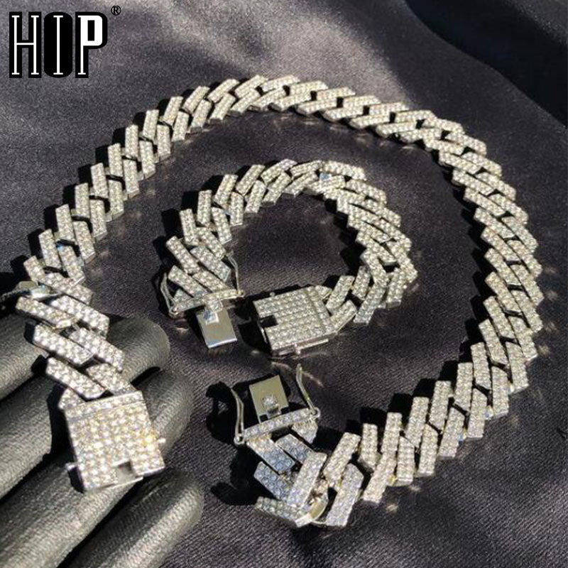 Hip Hop 1kit 20MM Color plata Heavy Full Iced Out Paved Rhinestones Prong Cadena cubana CZ Bling Gargantilla Collares Para Hombres Joyería