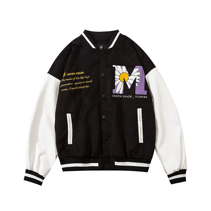 Chaqueta de béisbol bordada con toalla de margaritas y abejas de gamuza, ropa de calle informal Harajuku para hombre, moda Hip Hop, chaquetas sueltas, abrigos, 2020