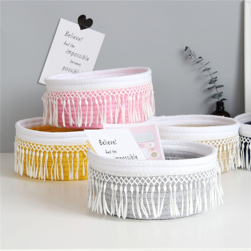 Cotton Rope Storage Baskets Nordic Style Tassel Handmade Woven Dirty Clothes Laundry Basket Desktop Sundries Organizer Hamper