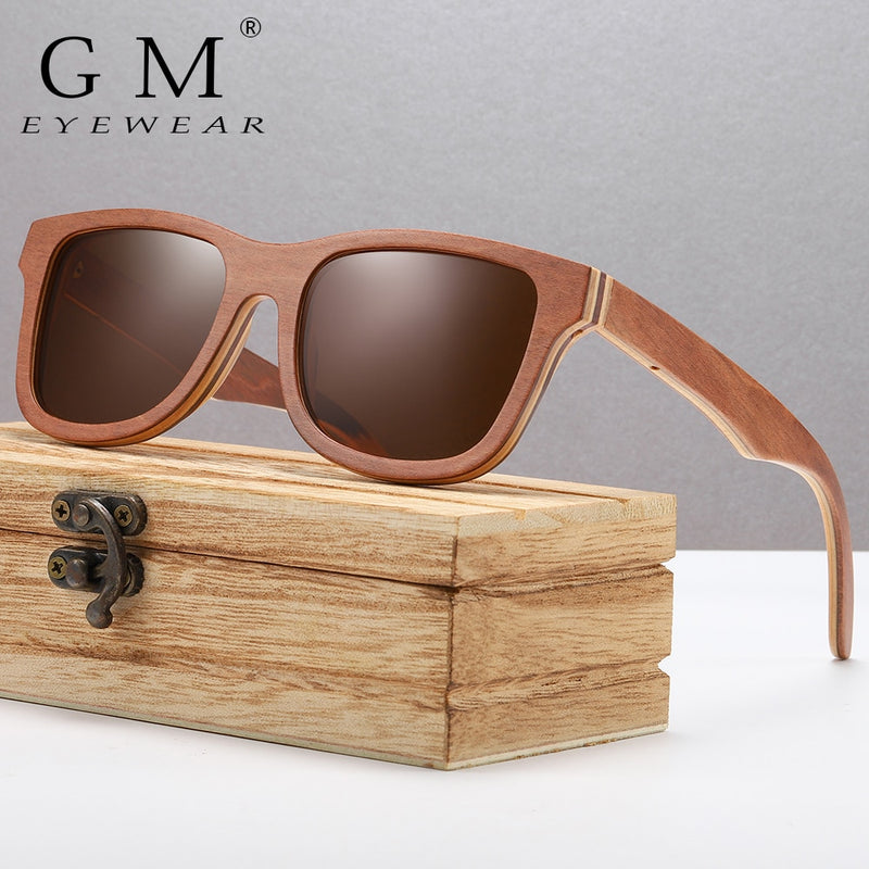 GM Polarized Sunglasses Women Men Layered Brown Skateboard Wooden Frame Square Style Glasses for Ladies Eyewear In Wood Box