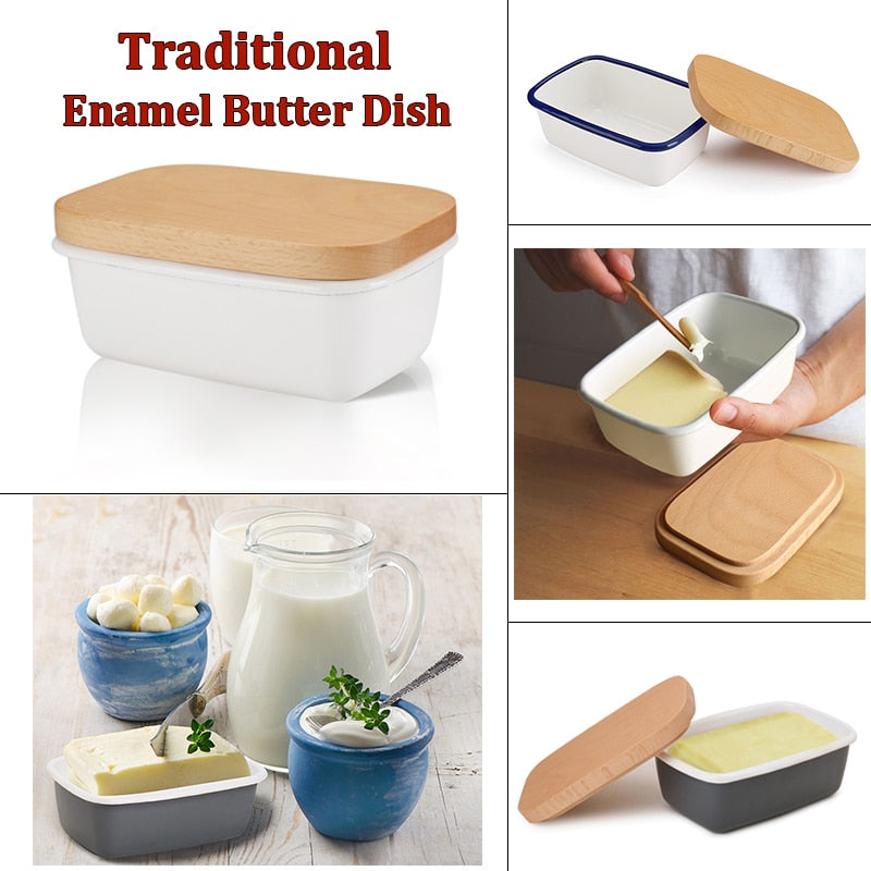 Emaille-Butterdose, Obstkonserven-Aufbewahrungsbox, neuer Butterbehälter mit Holzdeckel, Küchenzubehör