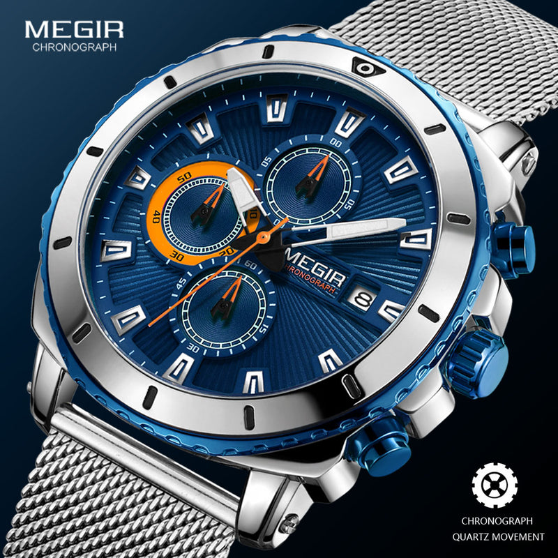 Megir Uhren Männer 2020 Luxus Mesh Strap Business Quarzuhr für Mann Top-Marke wasserdicht Armee Sport Armbanduhren blaues Gesicht