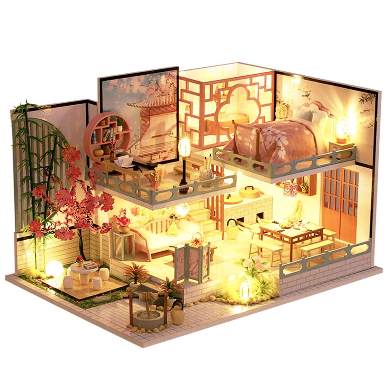 CUTEBEE Puppenhaus-Kit mit Möbeln, LED-Leuchten, DIY-Miniaturhaus zum Bauen eines winzigen Puppenhauses, gemütliche Zeit für Kinder, Spielzeuggeschenk