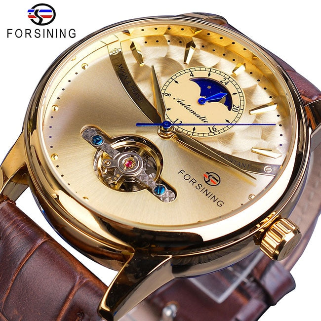 Forsining Moon Phase Automatic Watch Royal Men Golden Waterproof Mechanical Wristwatch Casual Genuine Leather Tourbillon Clock