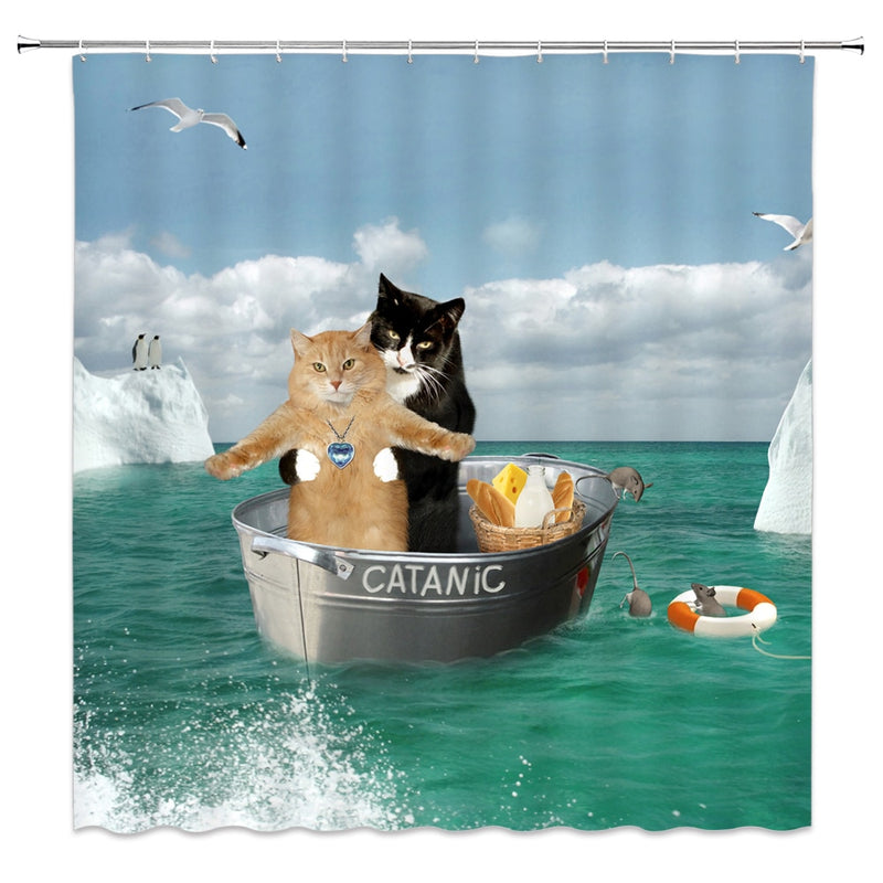 Funny Animal Shower Curtains Decoration Cute Pet Cat Home Bathroom Decor Polyester Bath Cloth Hanging Curtain Set With Hooks