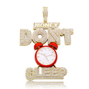 Collar con colgante de reloj despertador TOPGRILLZ con letra "MONEY" 'DON'T SLEEP', joyería de moda de lujo con Zirconia cúbica completamente helada