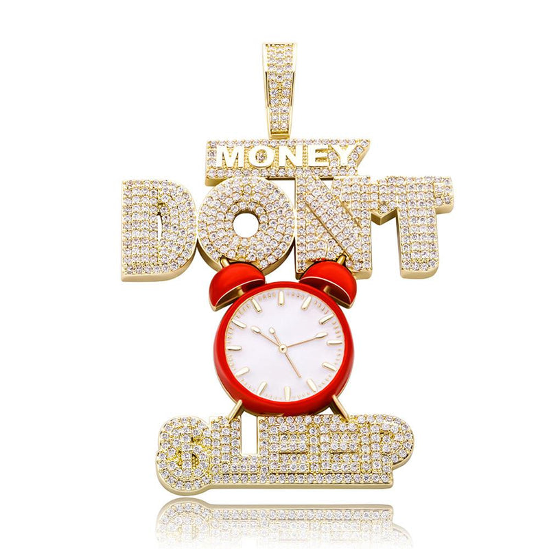 TOPGRILLZ Wecker-Anhänger-Halskette mit dem Buchstaben "MONEY" "DON'T SLEEP" Full Iced Out Cubic Zirconia Luxury Fashion Jewelry