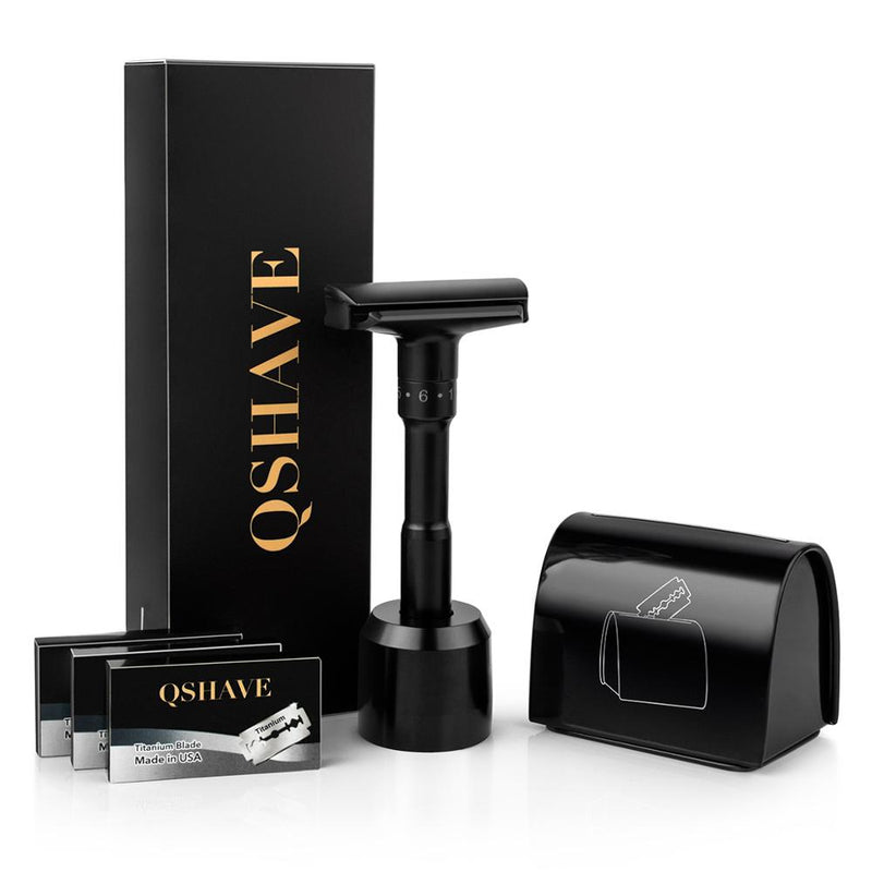 QShave Luxurious Black Adjustable Safety Razor Kit Herren-Rasiersethalter + Rasierer + Klingen-Entsorgungskoffer + 15 Klingen-Set