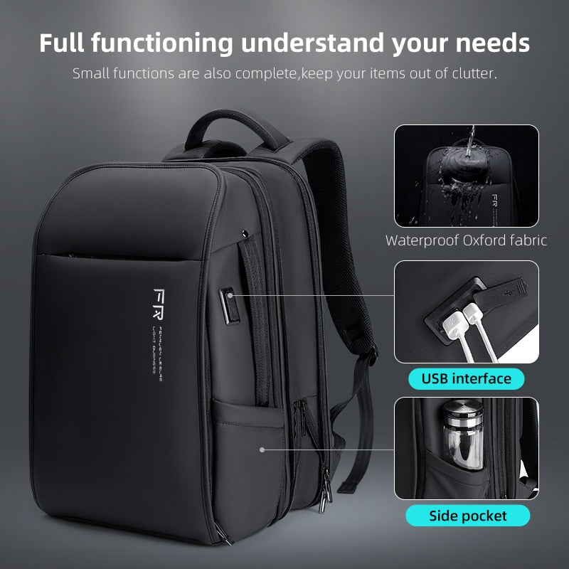 Fenruien New Fashion Men Backpack Waterproof Expandable USB Charging Backpacks 17.3 Inch Laptop Bag Business Travel Bag Backpack