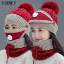 2021 New 3-teiliges Set Damen Strickmütze Schal Caps Nackenwärmer Wintermütze für Damen Mädchen Skullies Beanies Warme Fleece Caps