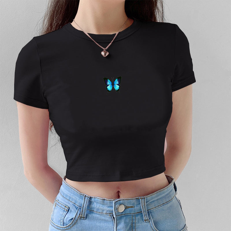 Fashion Cartoon Blue Butterfly Print Crop Top Harajuku O Neck Cropped T Shirt Cute Women T-shirt Gothic Women Tshirt Streetwear