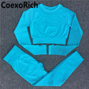 Conjunto de Yoga para mujer, ropa de gimnasio, traje deportivo, Top corto de manga larga calado sin costuras, mallas de entrenamiento de cintura alta, ropa deportiva