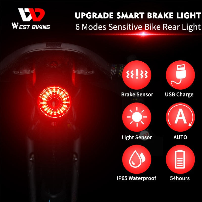 Linterna inteligente para bicicleta MTB, luz trasera para bicicleta de carretera, detección de freno de arranque/parada automática, luz trasera LED resistente al agua IPX6 para carga de ciclismo