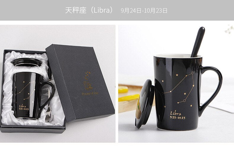 With Gift Box 12 Constellations Creative Ceramic Mugs with Spoon Lid Black and Gold Porcelain Zodiac Milk Coffee Cup 400ML Water