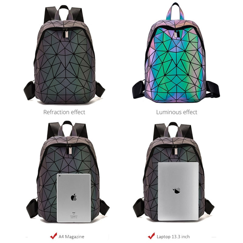 Conjunto de mochilas para mujer, mochila luminosa geométrica, bolso escolar, mochila de viaje noctilucente holográfica, mochila para estudiante femenina 2021