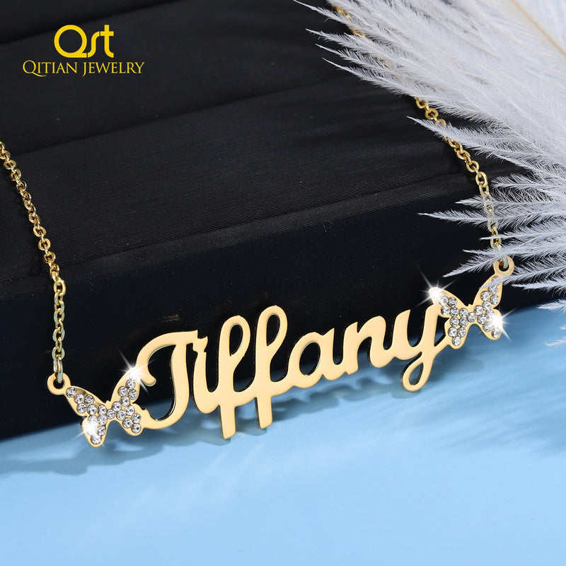 Personalized Butterfly Necklaces Custom Name Bling Iced Out  Pendant Gold Stainless Steel Chain Crystal Name Necklace For Women