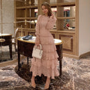 Vintage-Frühlings-Frauen-Spitze-Stickerei-süße Rüschen geschichtetes Midi-langes Kleid-elegante Prinzessin-Partei-Feiertags-Kleid Vestidos