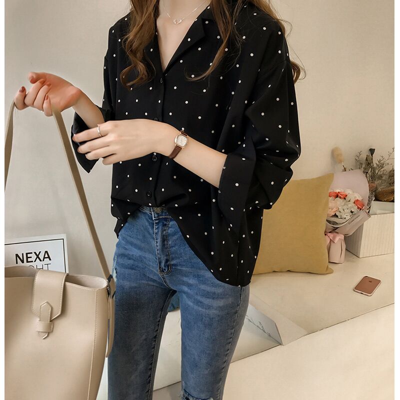 Muiches Lässige Bluse mit tiefem V-Ausschnitt, Polka Dot Print, Langarm, Frau, Einreiher, Tasche, Büroarbeit, Chiffon-Tops 2021 Neu