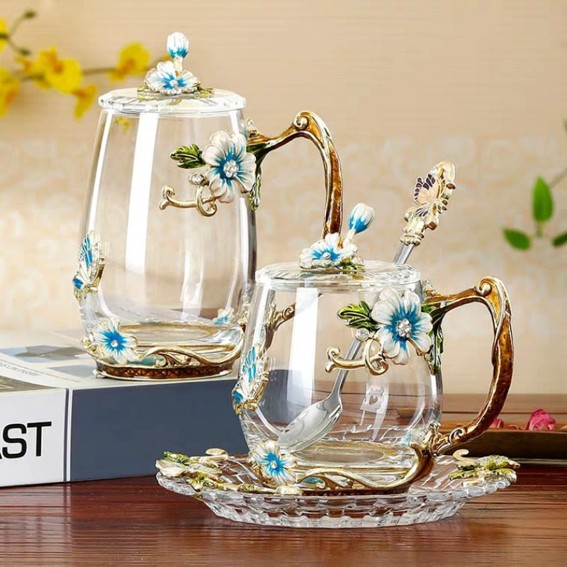 Taza de café esmaltada de belleza y novedad, tazas de cristal de té con flores para bebidas frías y calientes, juego de cuchara y taza de té, regalo de boda perfecto