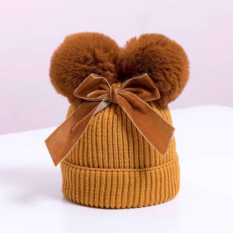 Winter Double Pompom Knitted Hat For Kids Girls Warm Thick Baby Caps With Bow Children&