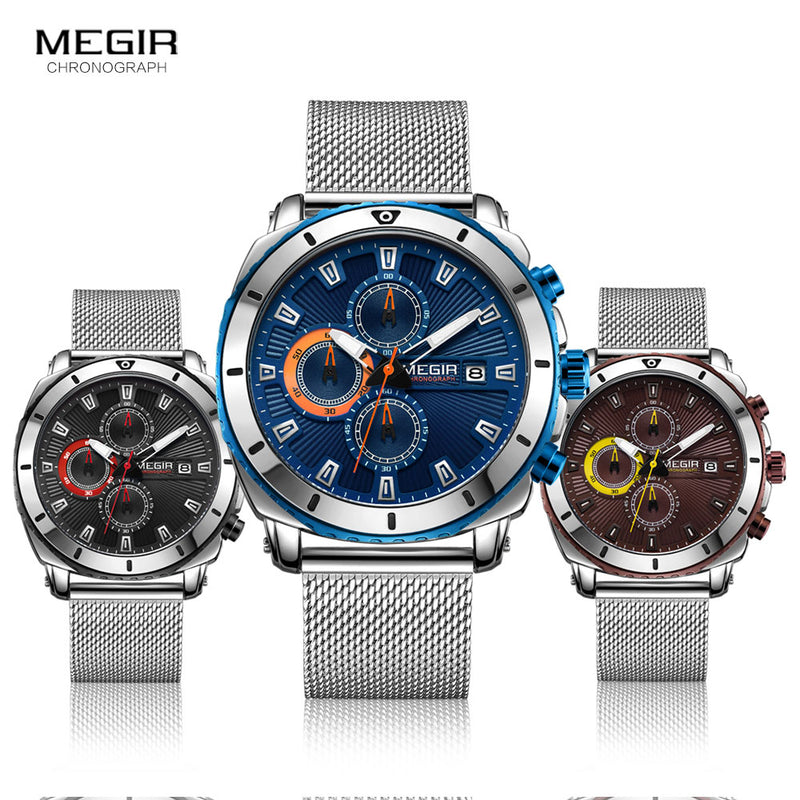 Relojes Megir para hombre 2020, correa de malla de lujo, reloj de cuarzo de negocios para hombre, relojes de pulsera deportivos militares resistentes al agua de la mejor marca, cara azul