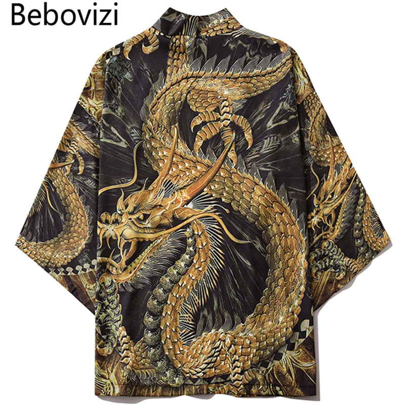 Bebovizi Harajuku Chinese Golden Dragon Kimono Men Women Japanese Streetwear Traditional Cardigan Yukata Male Haori Obi Clothes