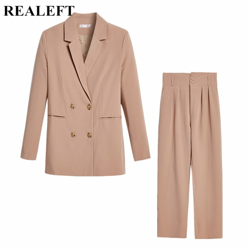 REALEFT 2021 Neue Herbst Winter Frauen Hosenanzug Zweireihig Gekerbte Blazer Jacke &amp; Hose Büro Tragen Frauen Anzug Weibliche Sets